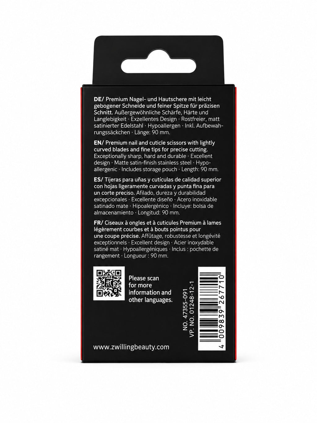 Zwilling Premium Nagel- und Hautschere mattiert 90 mm – Verpackung mit Produktangaben