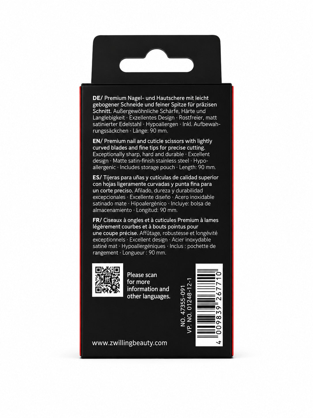 Zwilling Premium Nagel- und Hautschere mattiert 90 mm – Verpackung mit Produktangaben