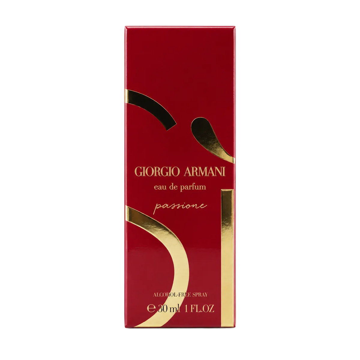 Giorgio Armani Sì Passione Eau de Parfum Alcohol-Free Spray 30 ml – rote Faltschachtel mit goldenem Si-Logo, Vorderseite