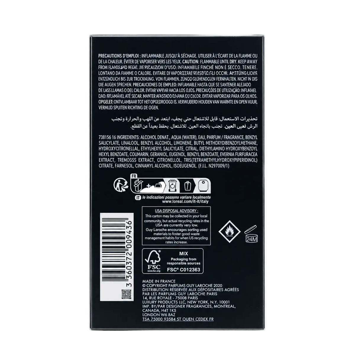 Guy Laroche Drakkar Noir Eau de Toilette 100 ml, Verpackungsrückseite mit Inhaltsstoffen