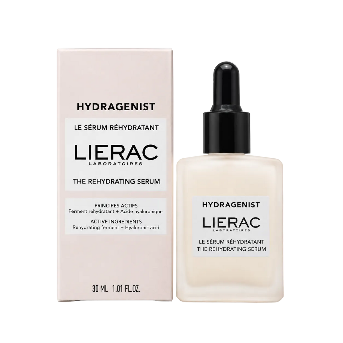 Lierac Hydragenist Le Sérum Réhydratant 30 ml – rosa Faltschachtel und Flakon mit Pipette, Vorderseite
