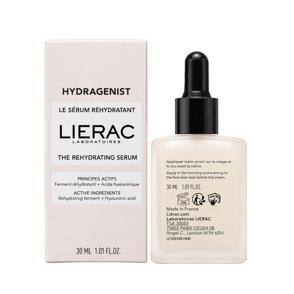 Lierac Hydragenist Sérum 30 ml – Flakon-Rückseite mit Anwendungshinweis und Herstelleradresse