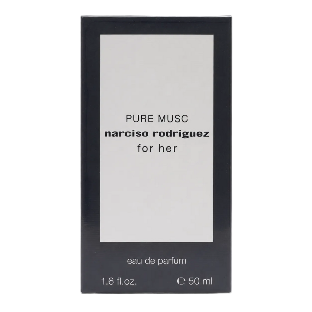 Verpackung Narciso Rodriguez for her PURE MUSC Eau de Parfum 50 ml, Vorderseite mit Schriftzug und Flüssigkeitsangabe