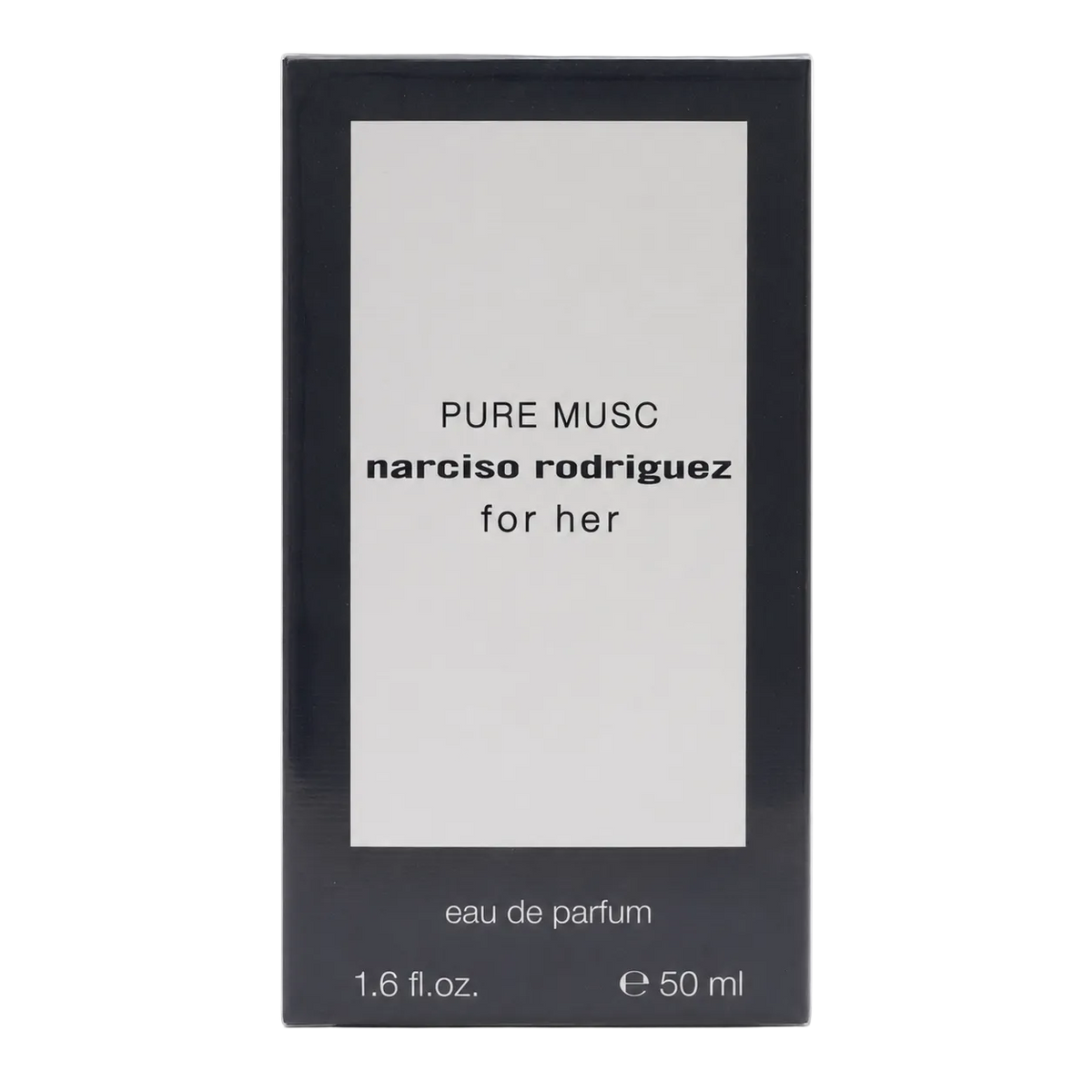 Verpackung Narciso Rodriguez for her PURE MUSC Eau de Parfum 50 ml, Vorderseite mit Schriftzug und Flüssigkeitsangabe
