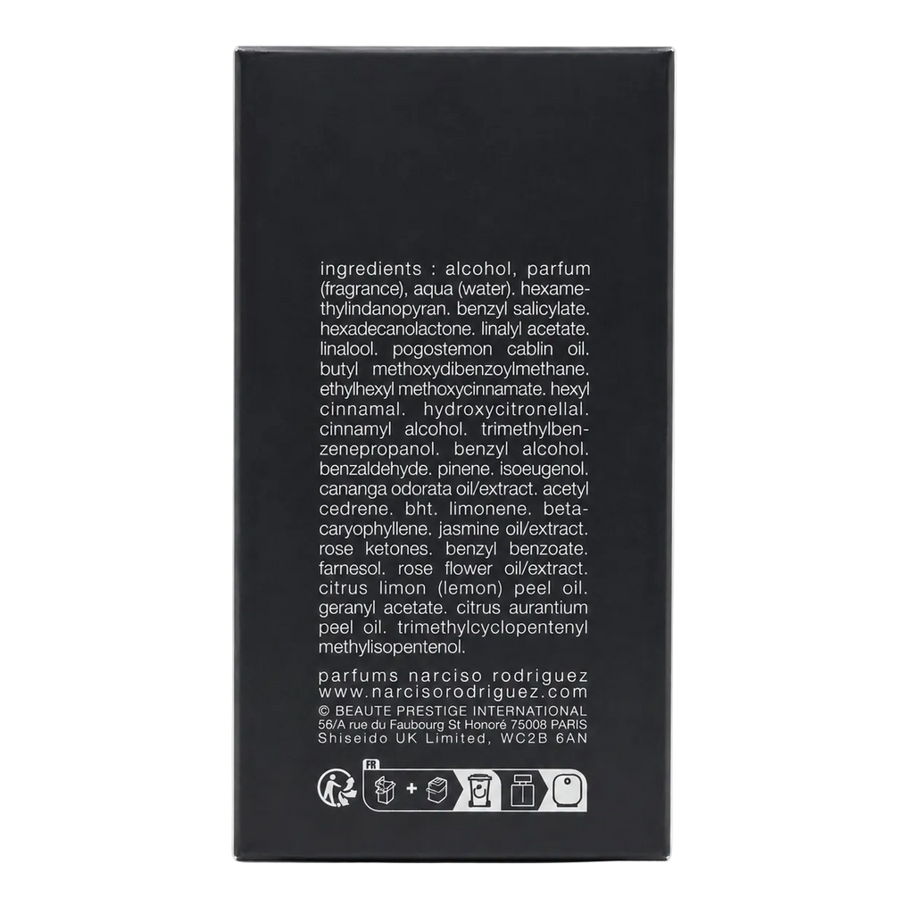 Rückseite der Verpackung mit Inhaltsstoffen (INCI) und Herstellerangabe – Narciso Rodriguez for her PURE MUSC Eau de Parfum 50 ml