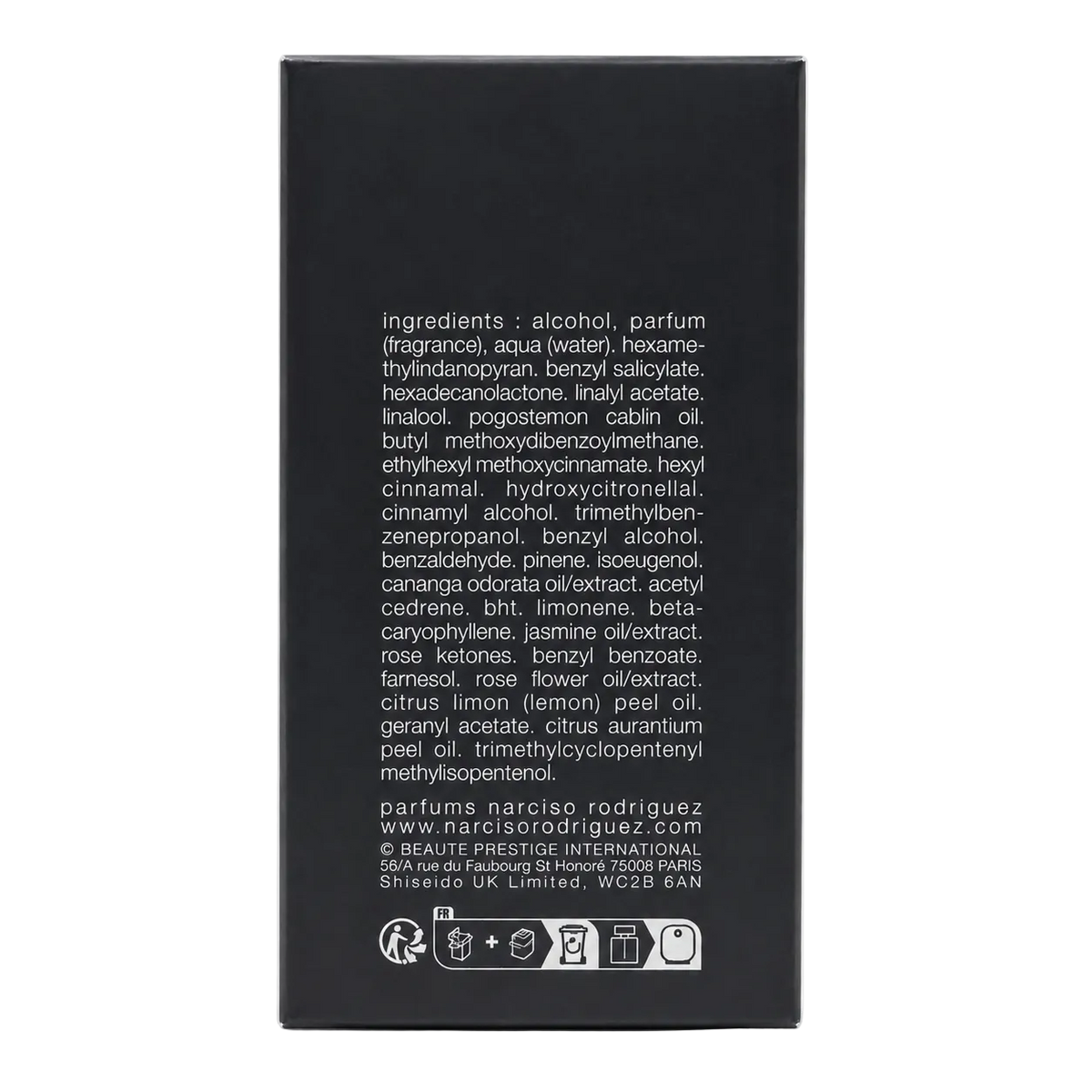 Rückseite der Verpackung mit Inhaltsstoffen (INCI) und Herstellerangabe – Narciso Rodriguez for her PURE MUSC Eau de Parfum 50 ml