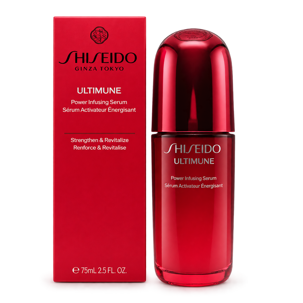 Shiseido Ultimune Power Infusing Serum 75 ml – rote Faltschachtel und Flakon, Vorderseite