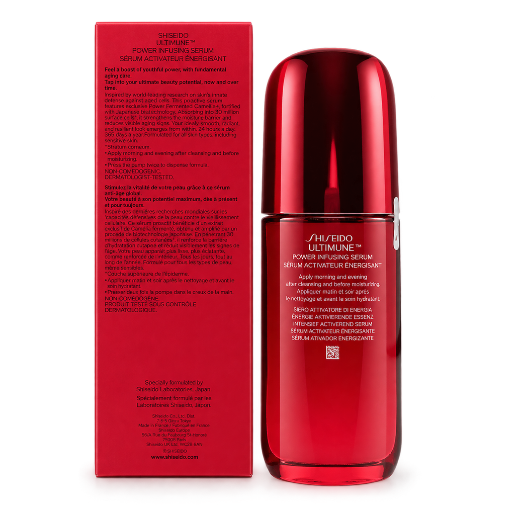 Shiseido Ultimune Power Infusing Serum 75 ml – Verpackungsrückseite mit Produktbeschreibung und Herstelleradresse