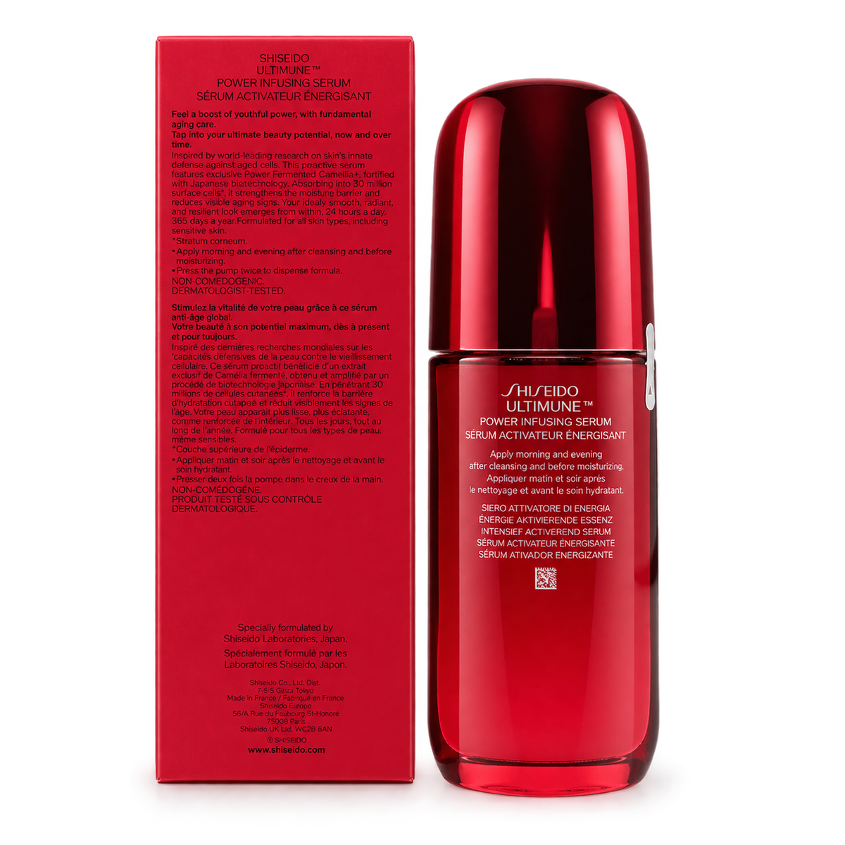 Shiseido Ultimune Power Infusing Serum 75 ml – Verpackungsrückseite mit Produktbeschreibung und Herstelleradresse