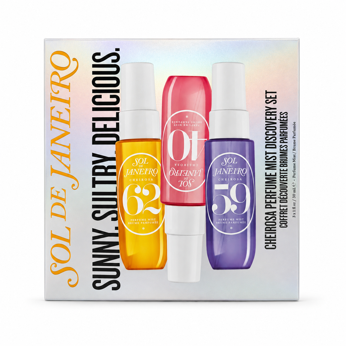 Sol de Janeiro Cheirosa Perfume Mist Discovery Set: Verpackung mit den drei Sprühflakons Cheirosa 62, 40 und 59 in je 30 ml