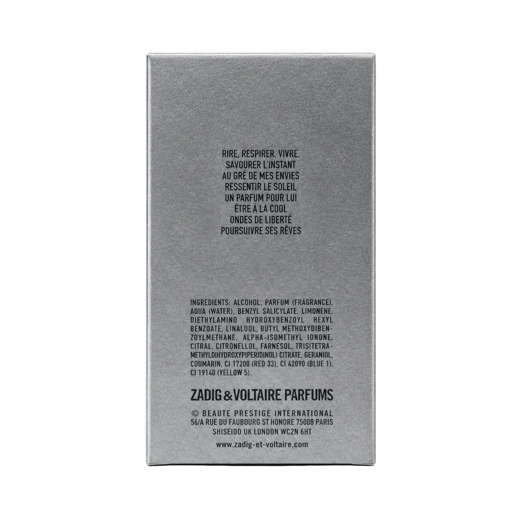 Zadig & Voltaire This Is Him! Vibes of Freedom 50 ml, Verpackungsrückseite mit Inhaltsstoffen